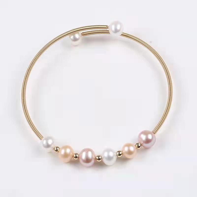 Multi Pearl Gold Tone Metalloc Thread Stretch Design Bracelet
