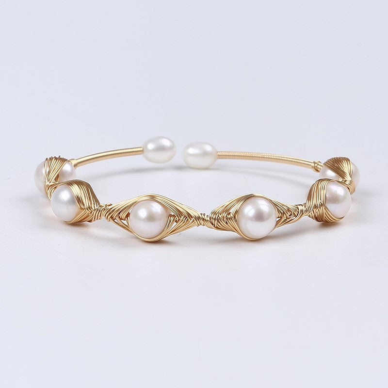 Multi Pearl Gold Tone Metallic Thread Stretch Design Bracelet