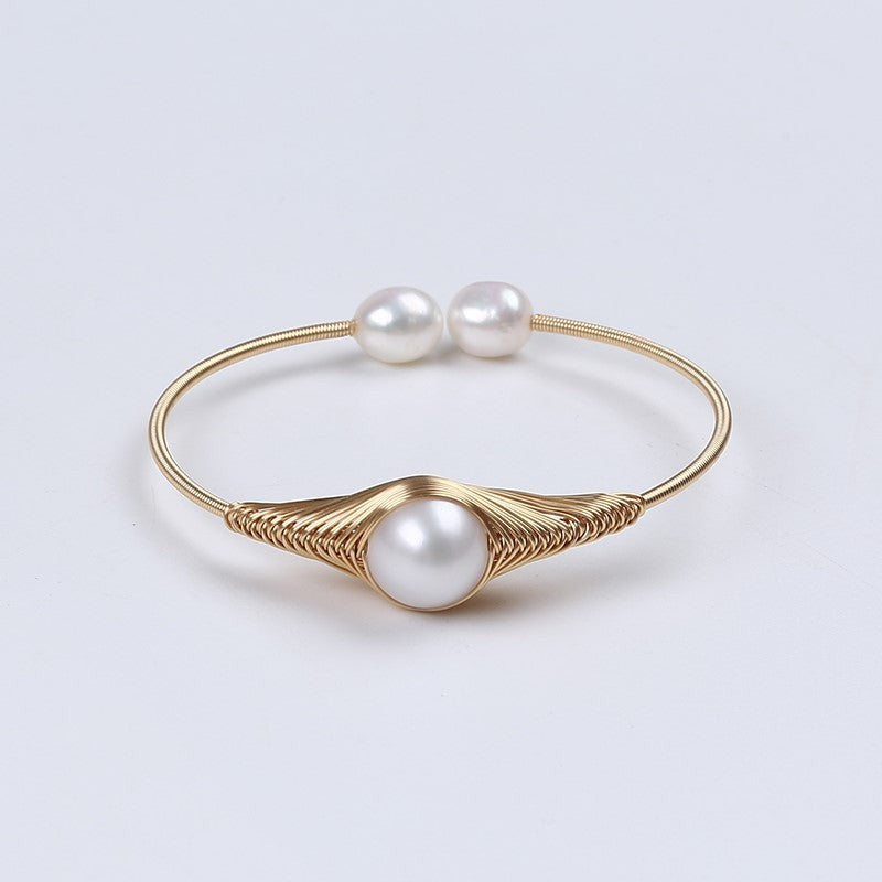 Multi Pearl Gold Tone Metallic Thread Stretch Design Bracelet