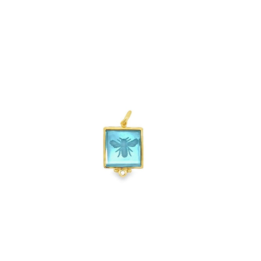 14 Karat Yellow Gold Blue Topaz and Mother of Pearl Bee Pendant by Mazza