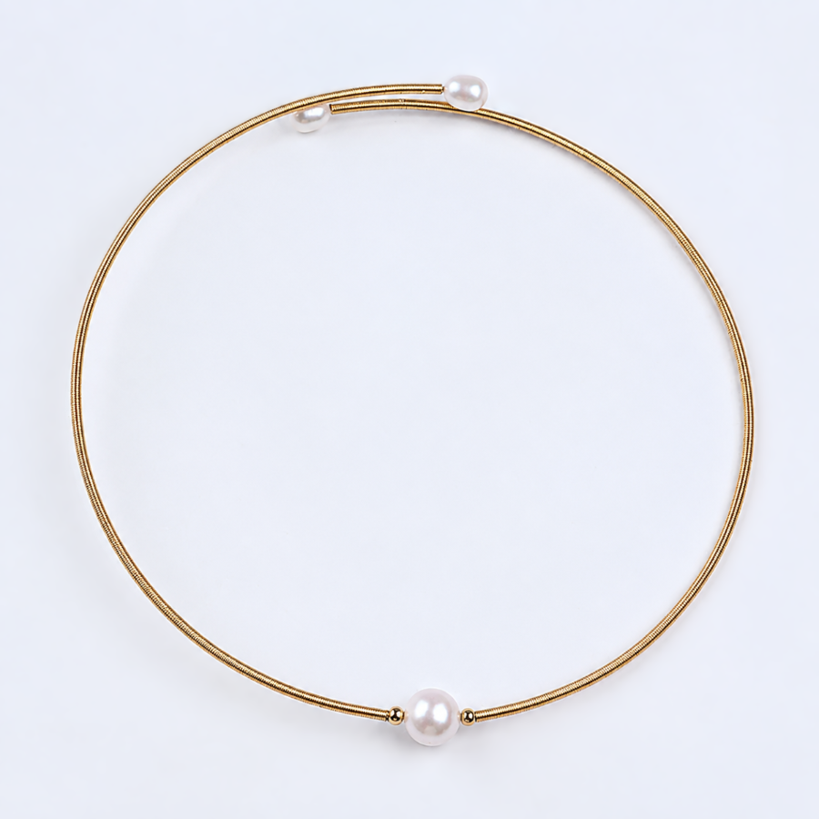 Gold Tone Metallic Thread Freshwater Pearl Collar Necklace