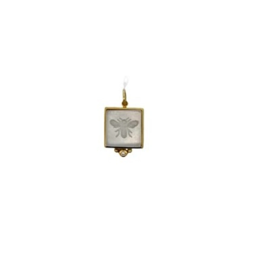 14 Karat Yellow Gold Crystal Quartz and Mother of Pearl Bee Pendant by Mazza