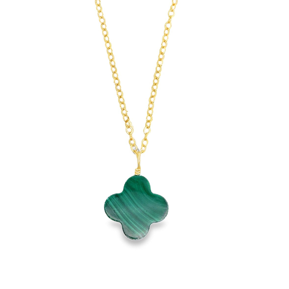 Gold Filled Yellow Gold Malachite 15mm Clover Style Necklace - 18 inch