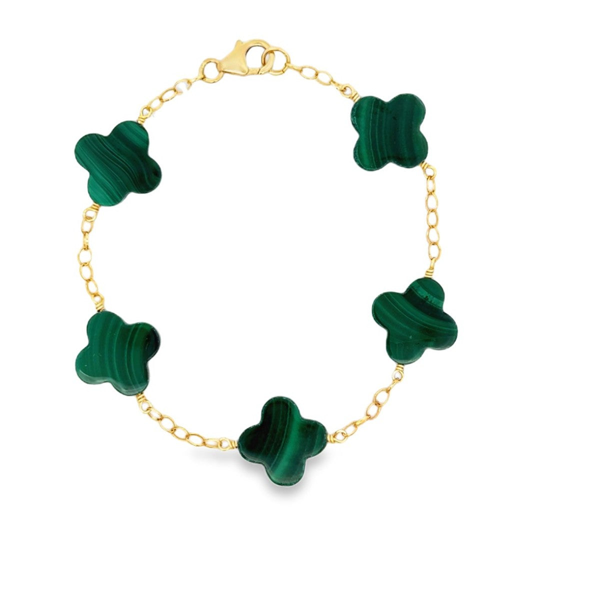 Gold Filled Yellow Gold 15mm Malachite Muli-Clover Style Bracelet - 7.5 inch