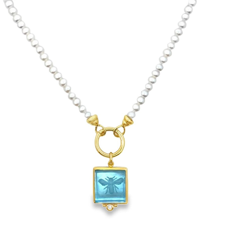 14 Karat Yellow Gold Pearl and Gold Charm Holder Necklace by Mazza