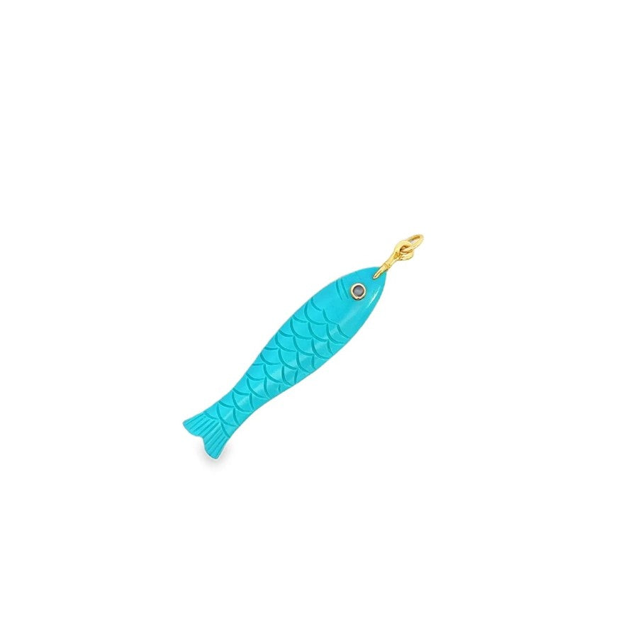 14 Karat Yellow Gold Turquoise Fish Pendant by Mazza